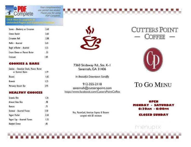 Cutter's Point Coffee - Savannah, GA menu_pic