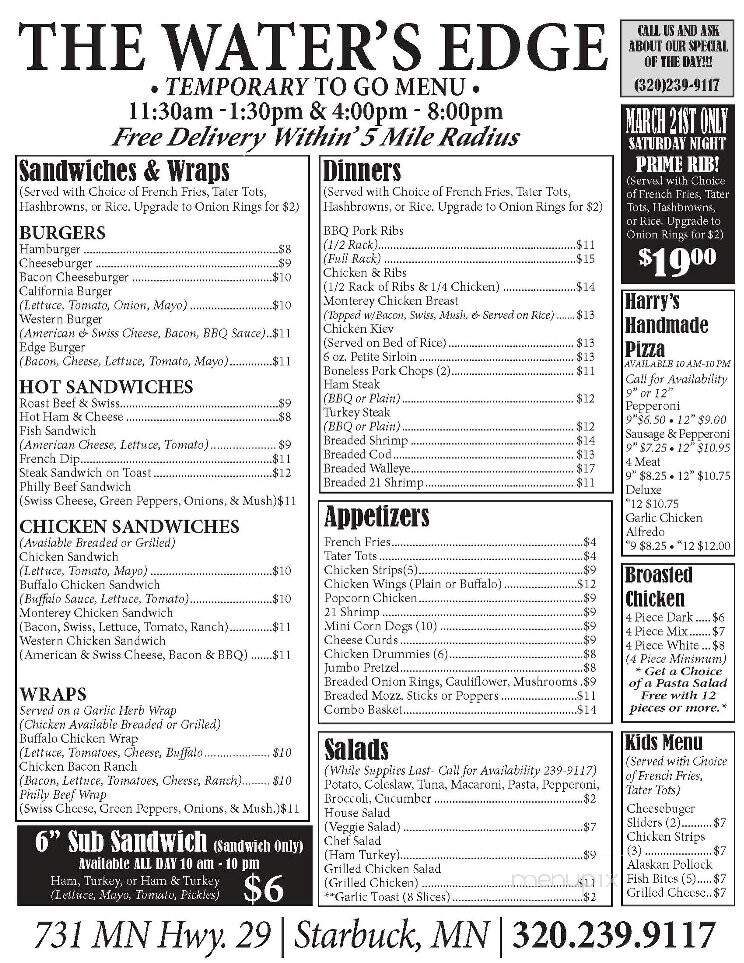 Water's Edge Bar & Restaurant - Starbuck, MN menu_pic