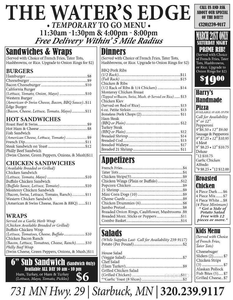 Water's Edge Bar & Restaurant - Starbuck, MN menu_pic
