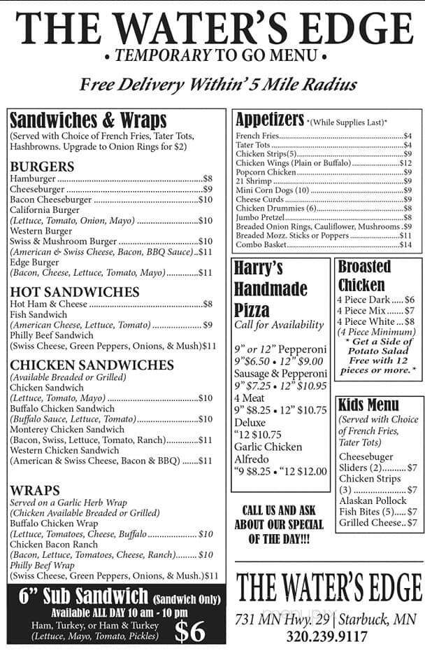 Water's Edge Bar & Restaurant - Starbuck, MN menu_pic