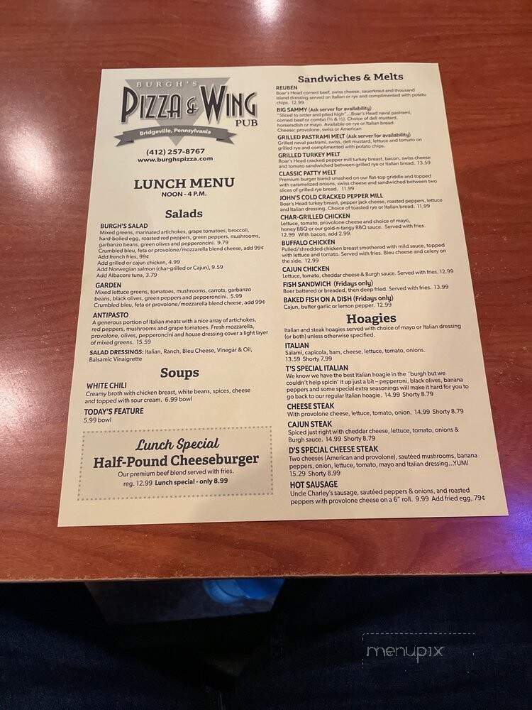 Burgh's Pizza & Wing Pub - Bridgeville, PA menu_pic