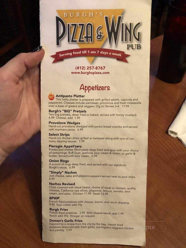 Burgh's Pizza & Wing Pub - Bridgeville, PA menu_pic