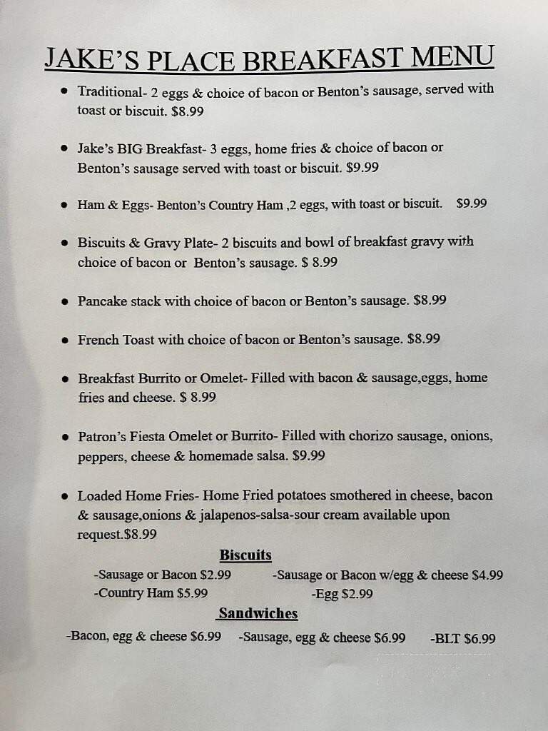 Jake's Place - Maryville, TN menu_pic