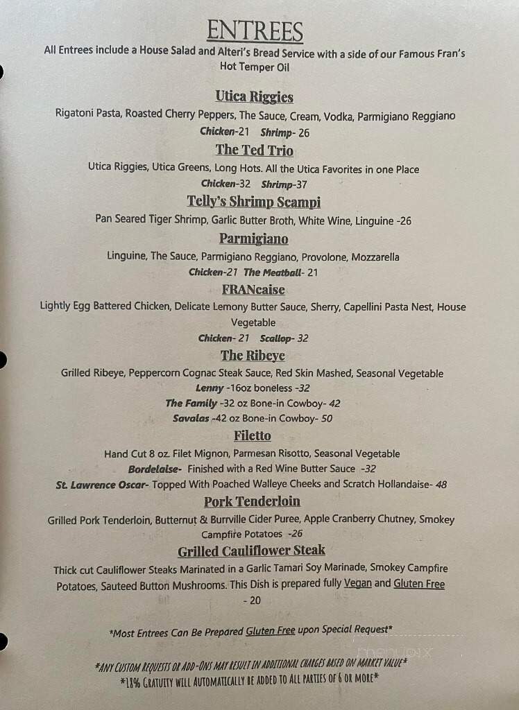 Telly's Inn Resturant - Cape Vincent, NY menu_pic