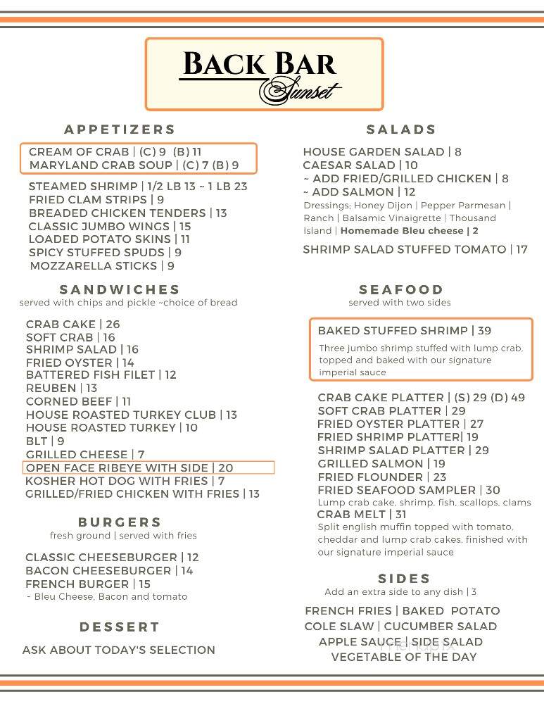 Back Bar Sunset - Glen Burnie, MD menu_pic