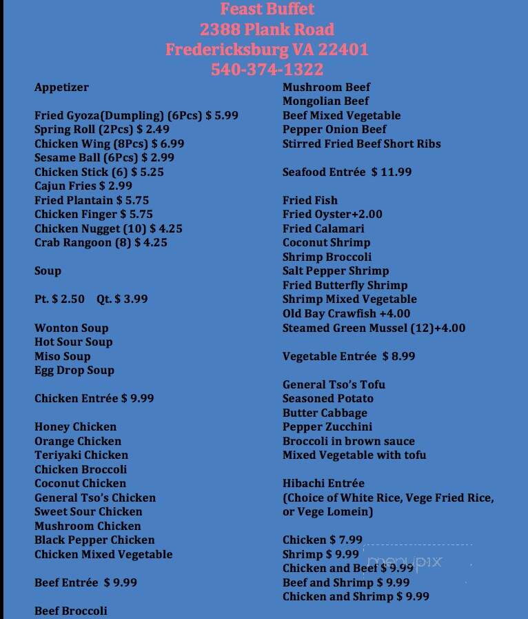 Feast Buffet - Fredericksburg, VA menu_pic