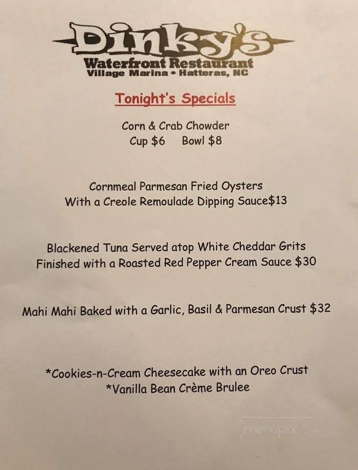 Dinky's Waterfront Restaurant - Hatteras, NC menu_pic