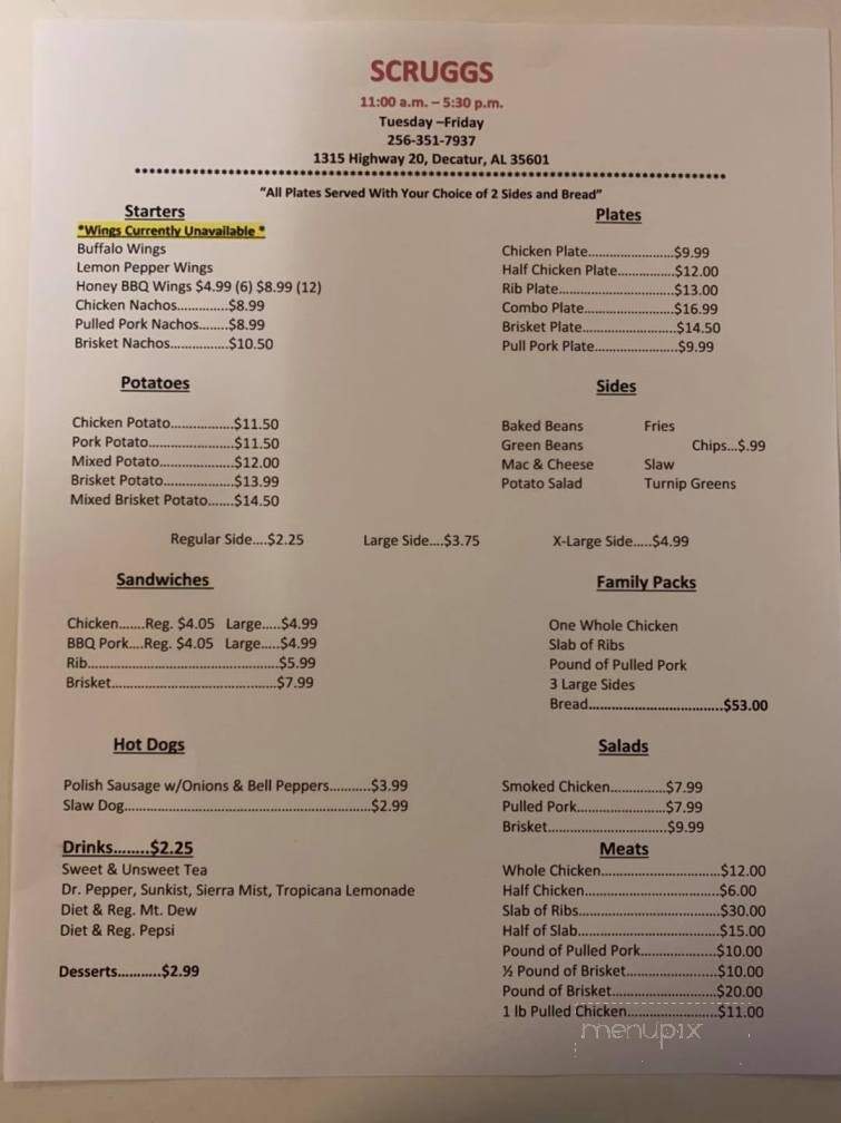 Scruggs BBQ - Decatur, AL menu_pic