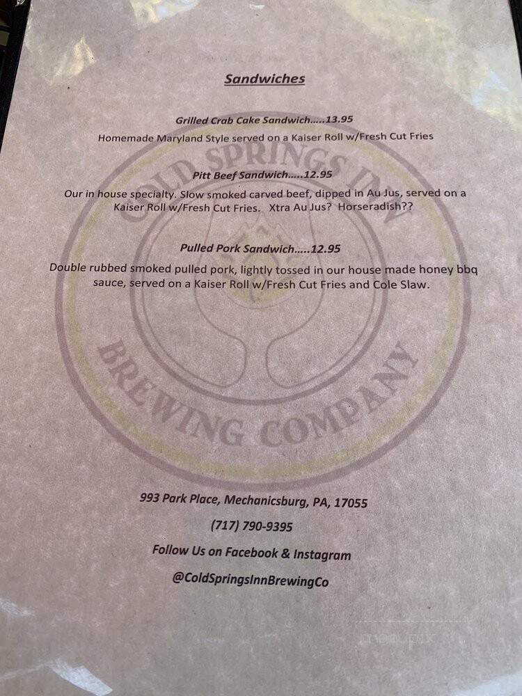 Cold Springs Inn - Mechanicsburg, PA menu_pic