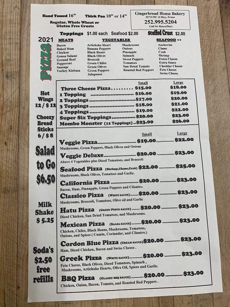 Gingerbread House Bakery - Frisco, NC menu_pic