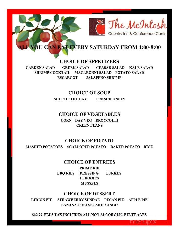 McIntosh Country Inn & Conference Centre - Morrisburg, ON menu_pic