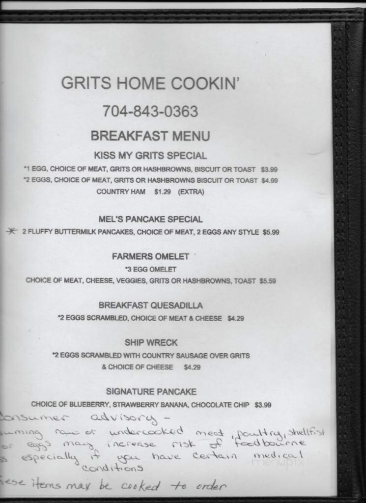 Grits Home Cookin' - Waxhaw, NC menu_pic