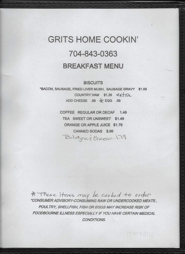 Grits Home Cookin' - Waxhaw, NC menu_pic