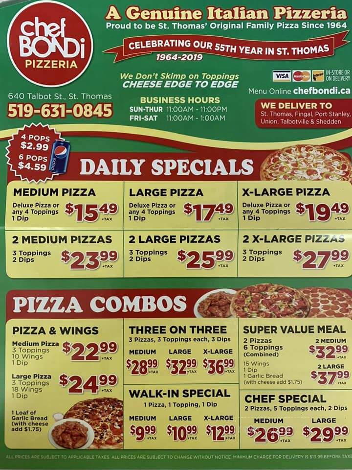 Chef Bondi Pizza Restaurant - Saint Thomas, ON menu_pic