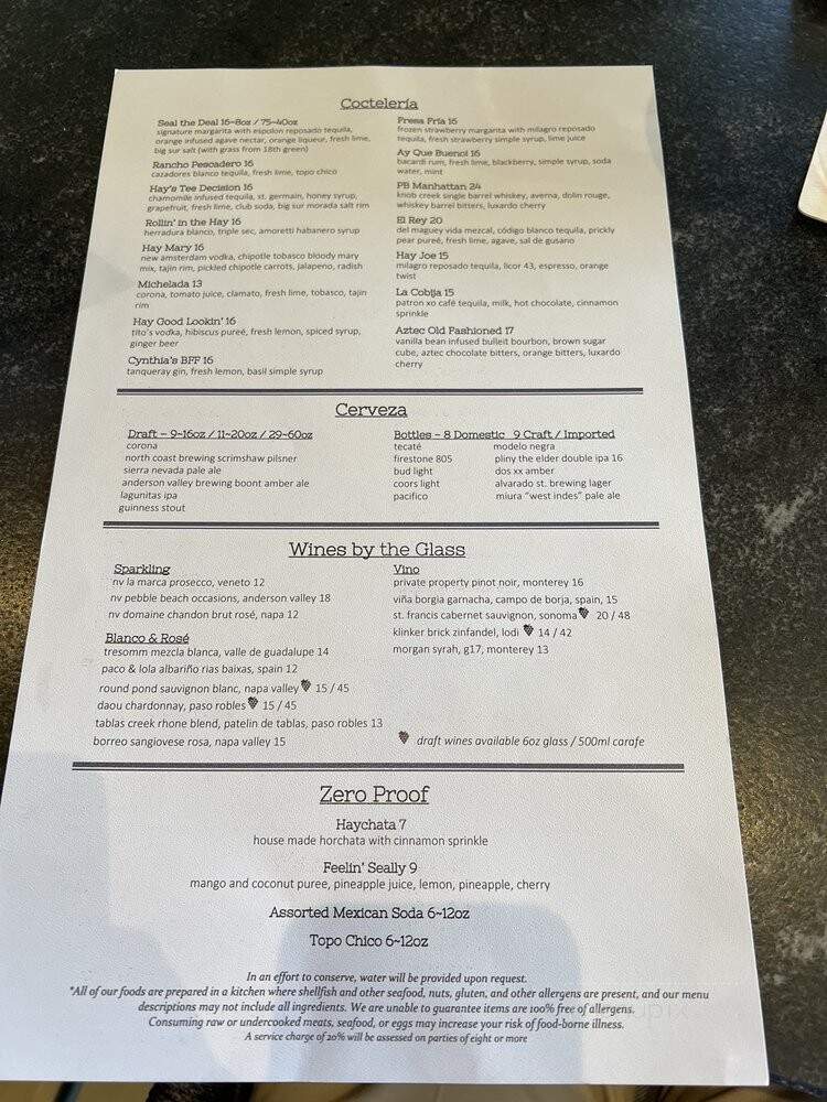 Hay's Place - Del Monte Forest, CA menu_pic