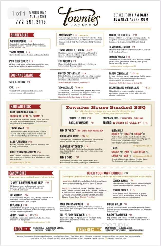 Townie's Tavern - Palm City, FL menu_pic