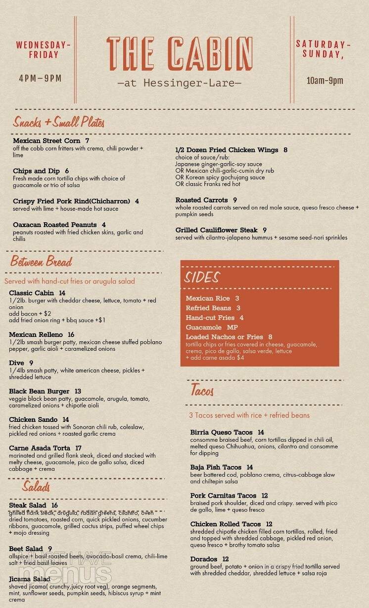 The Cabin at Hessinger-Lare - Jeffersonville, NY menu_pic