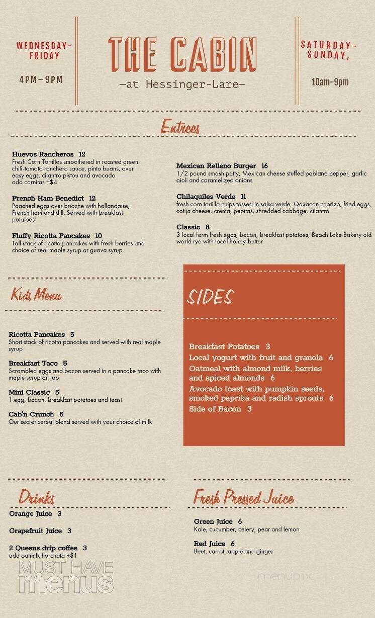 The Cabin at Hessinger-Lare - Jeffersonville, NY menu_pic