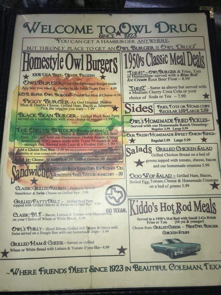 Owl Drug Store Soda Fountain and Grill - Coleman, TX menu_pic