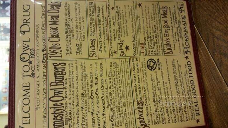 Owl Drug Store Soda Fountain and Grill - Coleman, TX menu_pic
