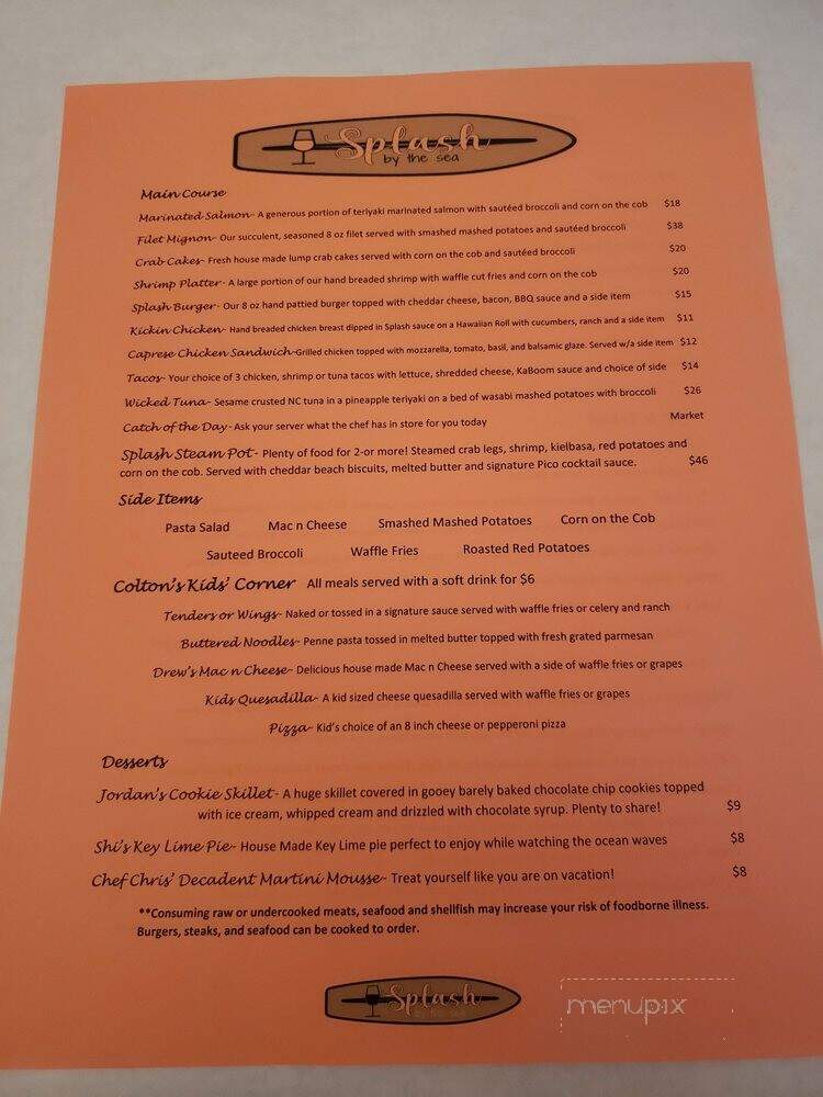 Splash by the Sea - North Topsail Beach, NC menu_pic