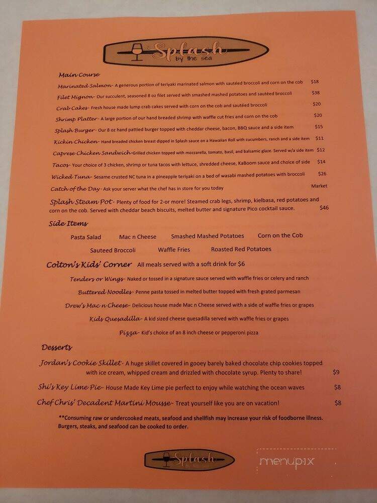 Splash by the Sea - North Topsail Beach, NC menu_pic