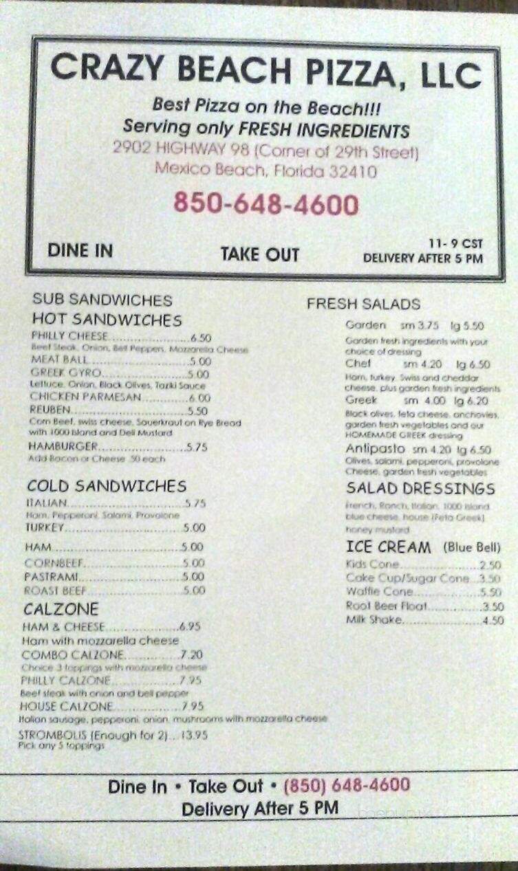 Crazy Beach Pizza - Mexico Beach, FL menu_pic