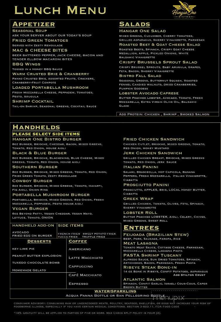 Hangar One Bistro - St. Augustine, FL menu_pic