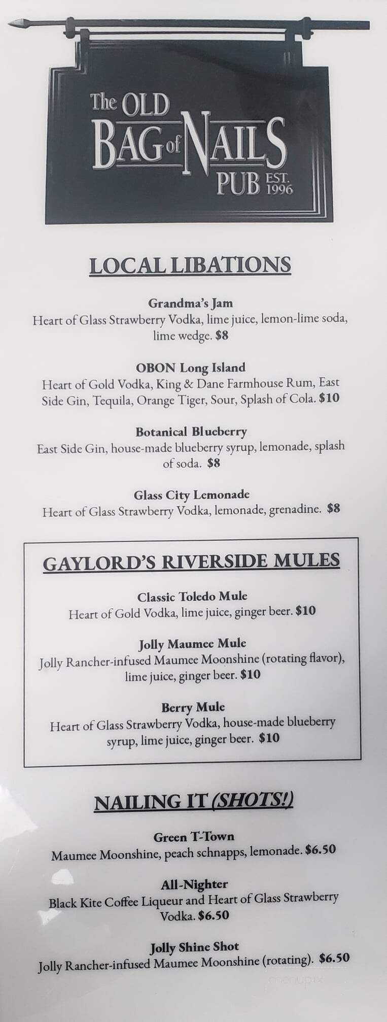 Old Bag of Nails Pub - Toledo, OH menu_pic