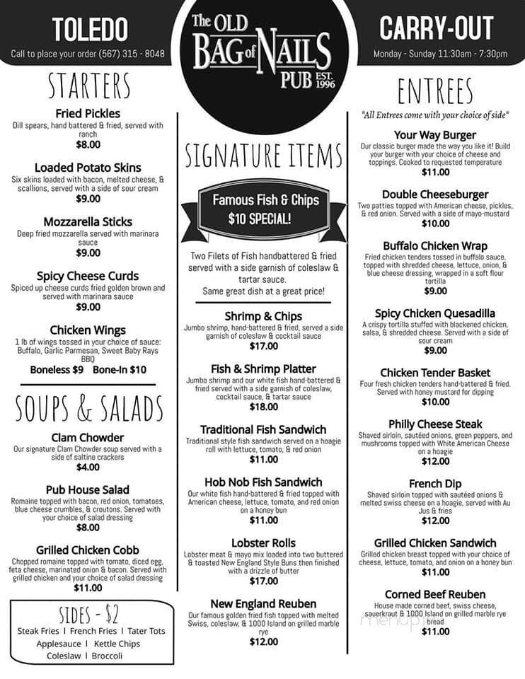 Old Bag of Nails Pub - Toledo, OH menu_pic
