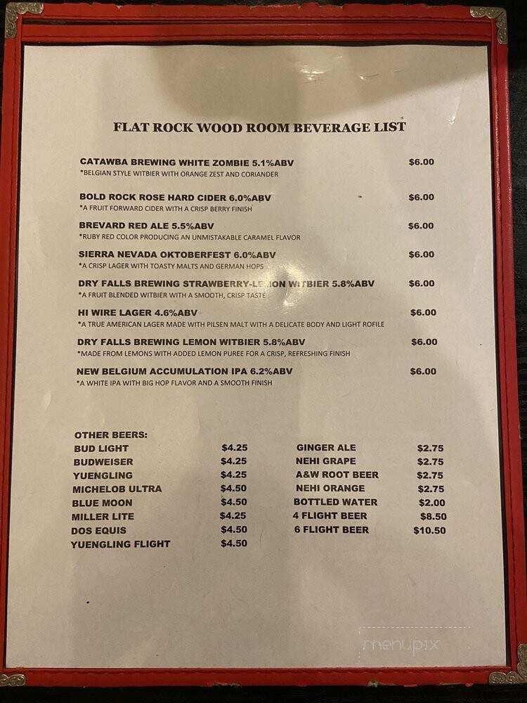 Flat Rock Wood Room - Hendersonville, NC menu_pic