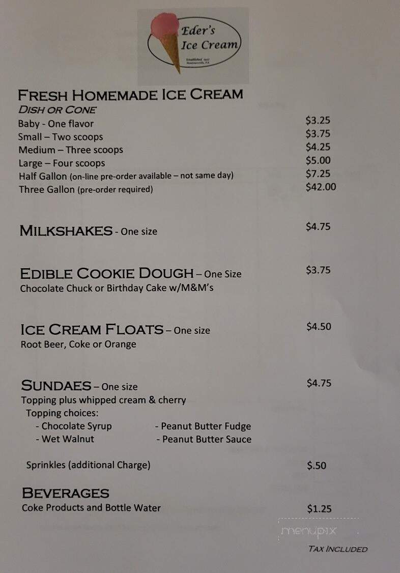 Eder's Ice Cream - Montoursville, PA menu_pic