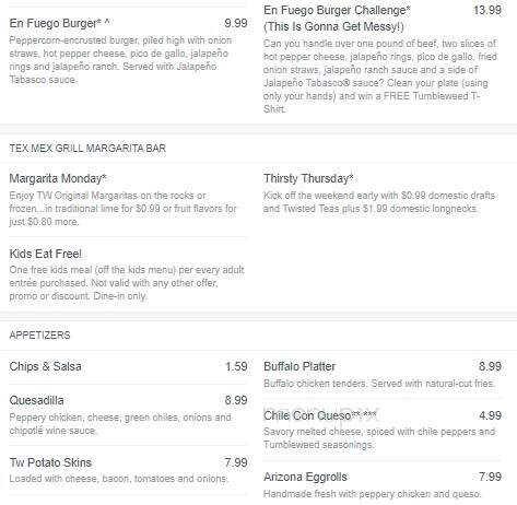 Tumbleweed Southwest Grill - Henderson, KY menu_pic