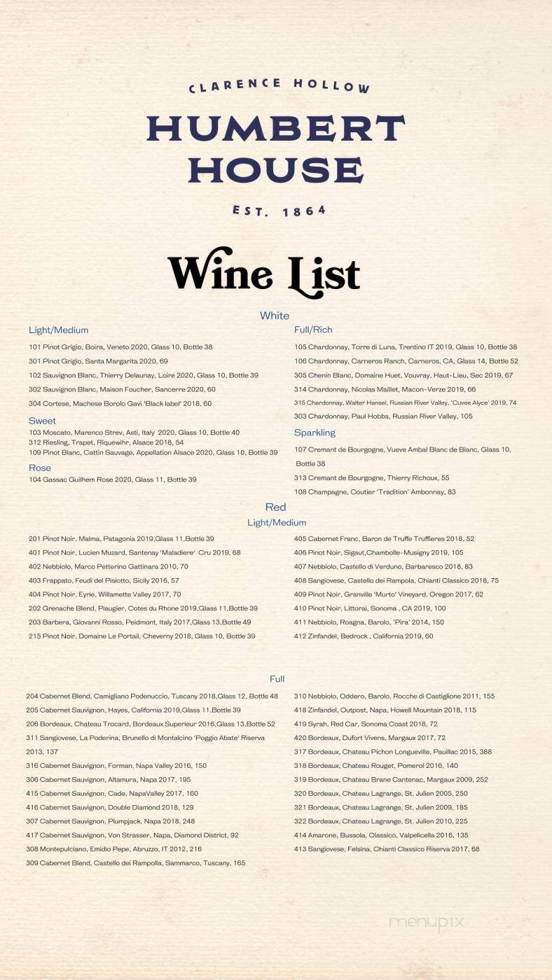 Humbert House - Clarence, NY menu_pic