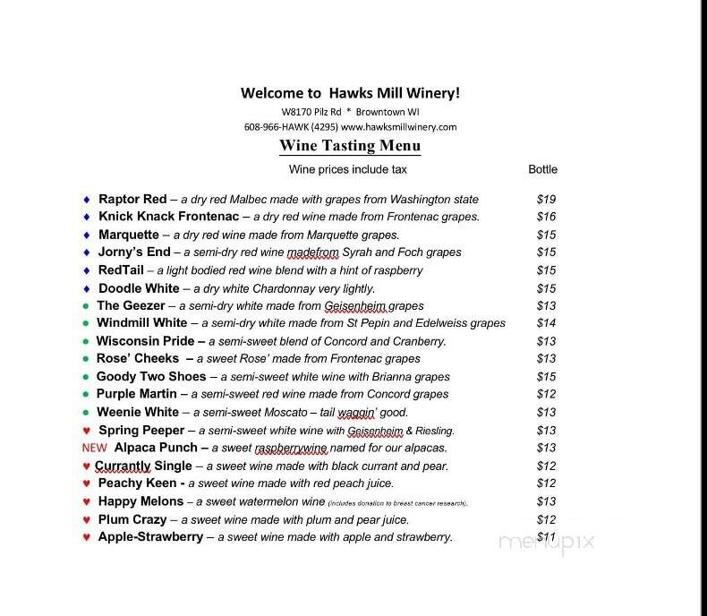 Hawk's Mill Winery - Browntown, WI menu_pic