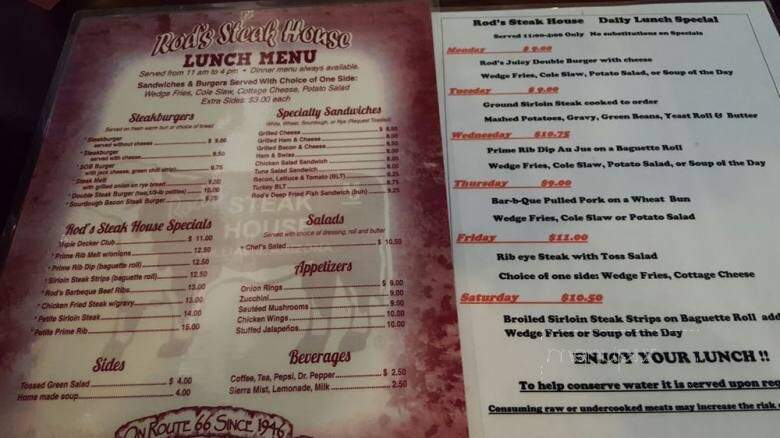 Rod's Steak House - Williams, AZ menu_pic