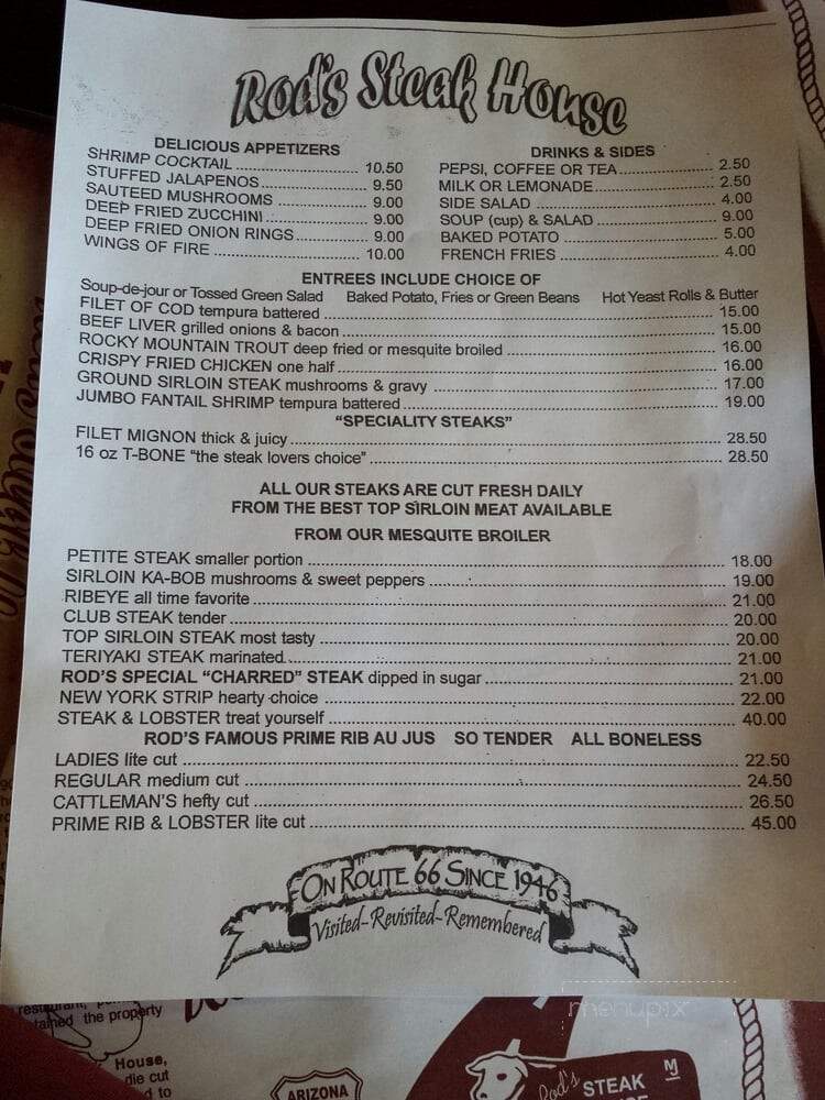 Rod's Steak House - Williams, AZ menu_pic