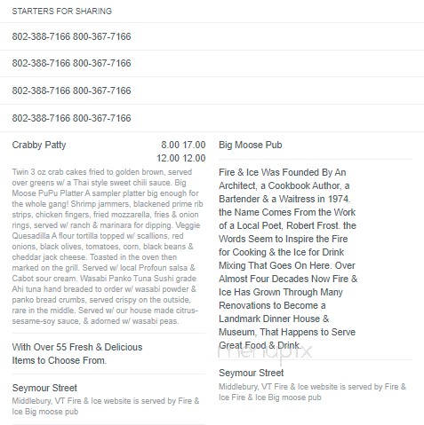 Fire & Ice Restaurant - Middlebury, VT menu_pic