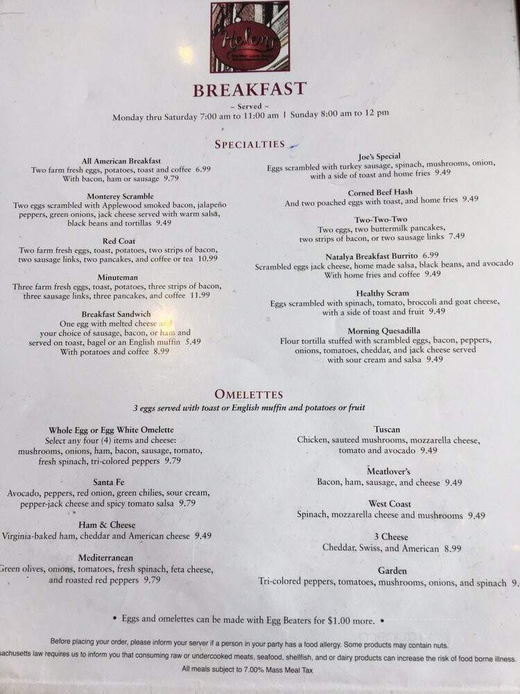 Helen's Restaurant - Concord, MA menu_pic