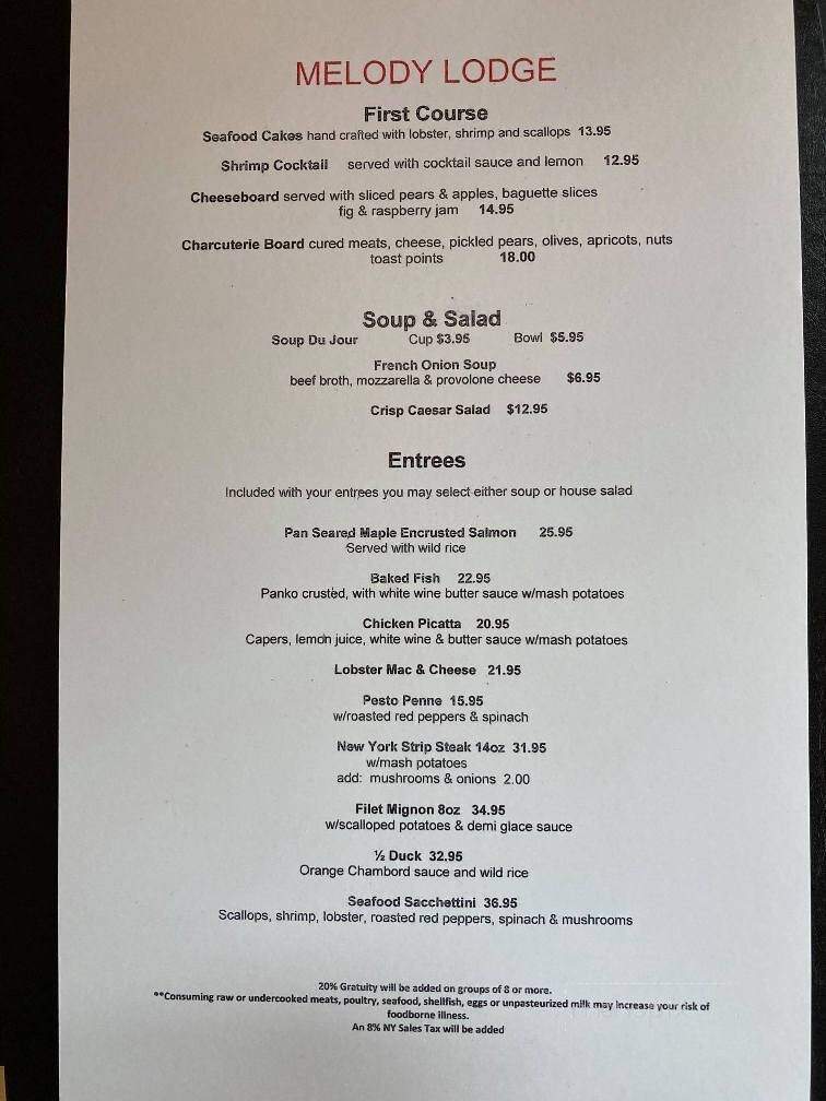 Melody Lodge - Speculator, NY menu_pic