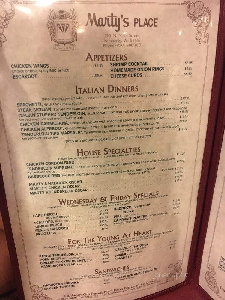 Marty's Place - Kimberly, WI menu_pic