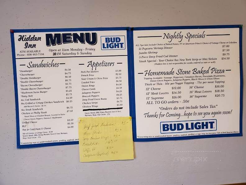 Hidden Inn Bar & Grill - Kendall, WI menu_pic
