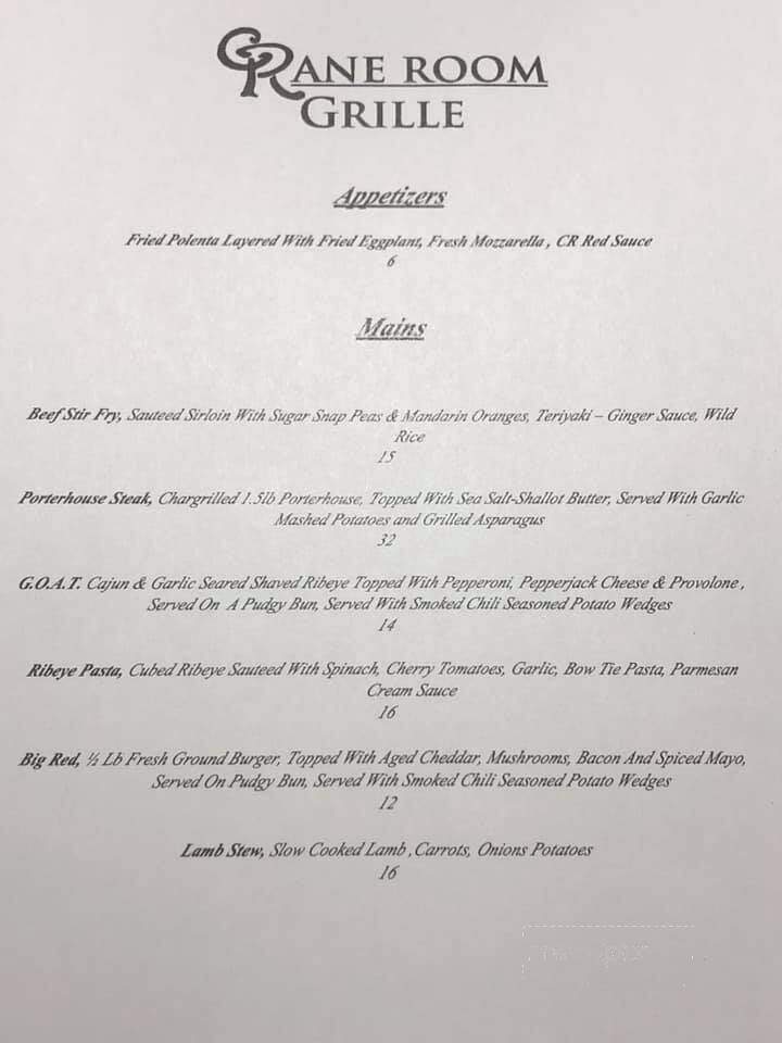 Crane Room Bar & Grill - New Castle, PA menu_pic