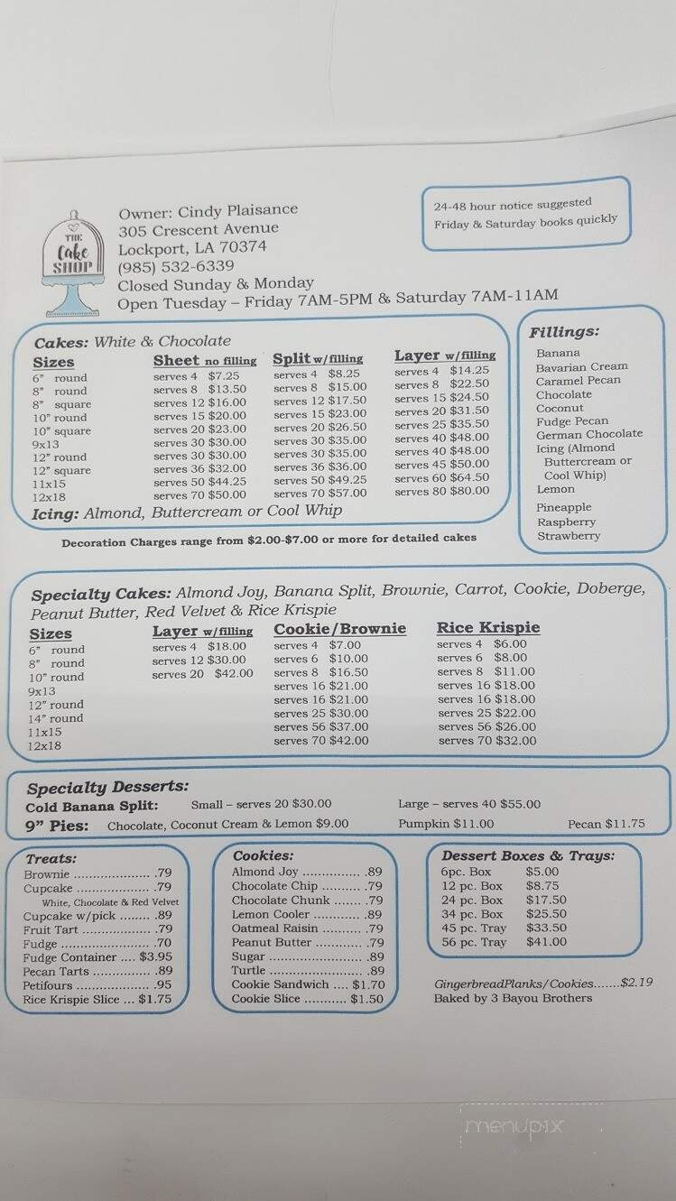 Cake Shop - Lockport, LA menu_pic