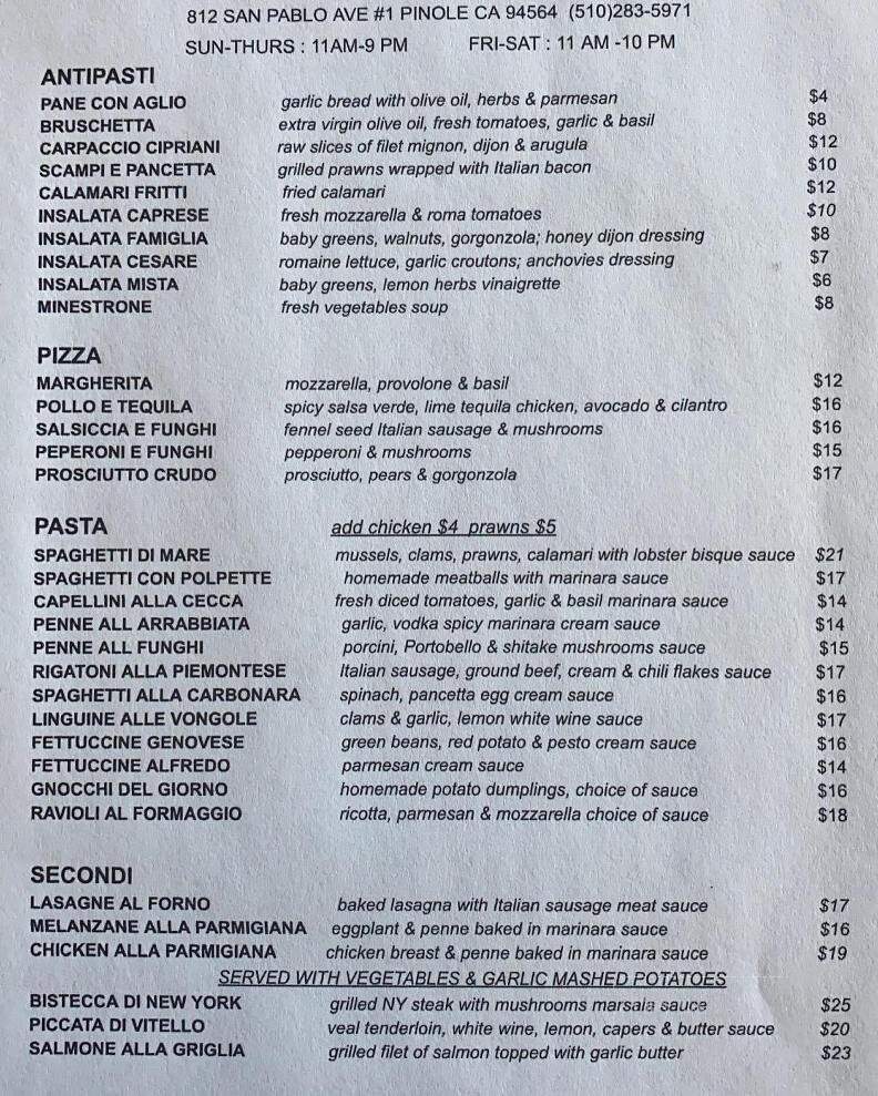 Famiglia Italian Restaurant - Pinole, CA menu_pic