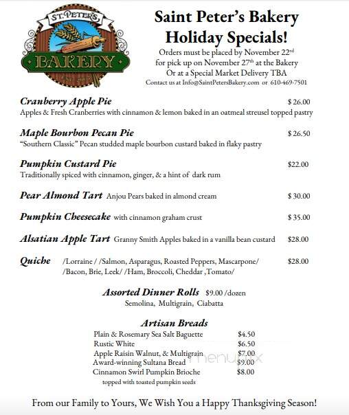 Saint Peter's Bakery - Elverson, PA menu_pic