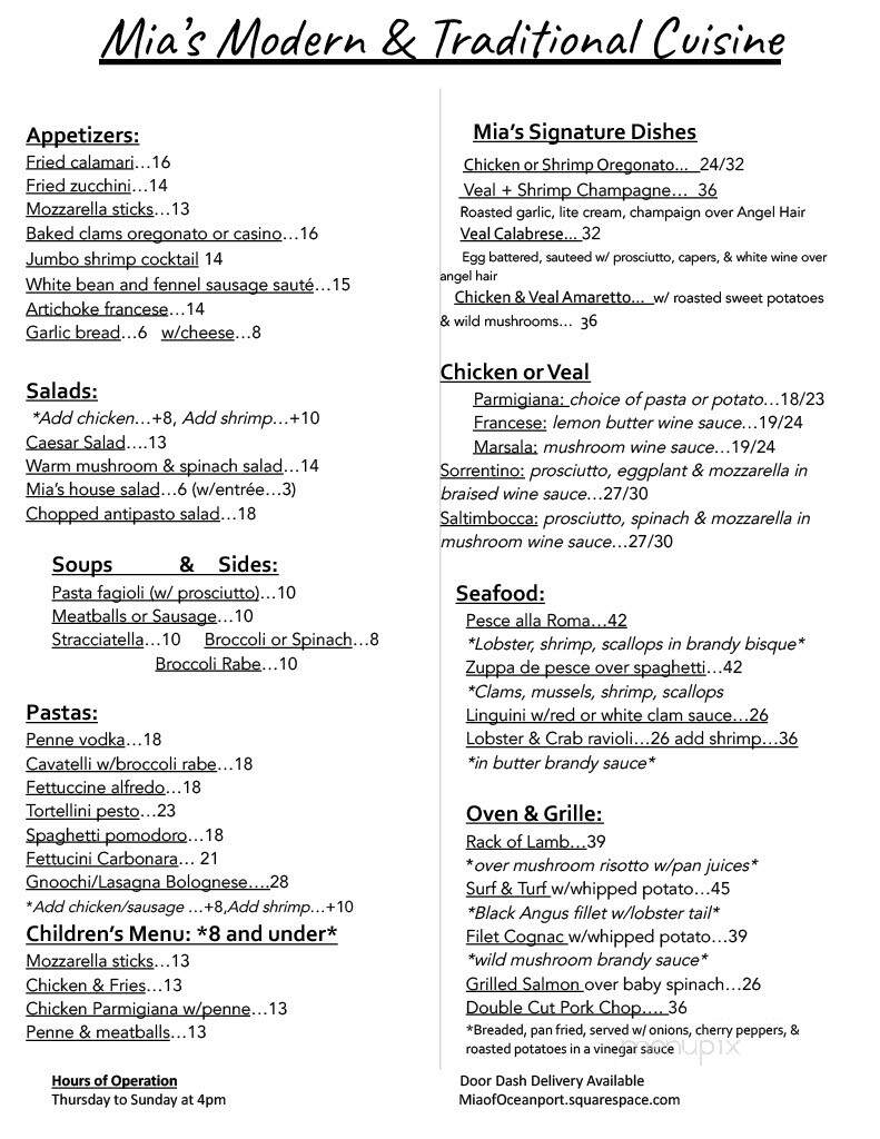 Mia Restaurant - Oceanport, NJ menu_pic