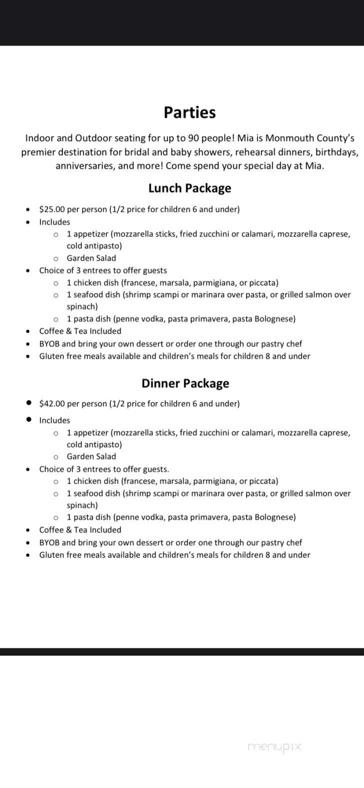 Mia Restaurant - Oceanport, NJ menu_pic