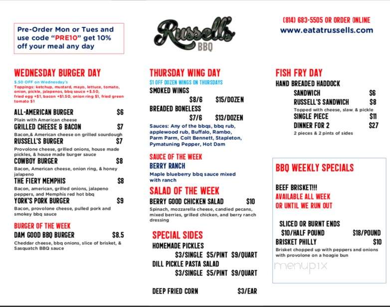 Russell's Restaurant - Linesville, PA menu_pic