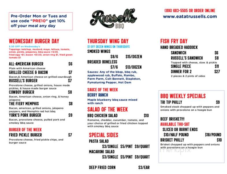 Russell's Restaurant - Linesville, PA menu_pic